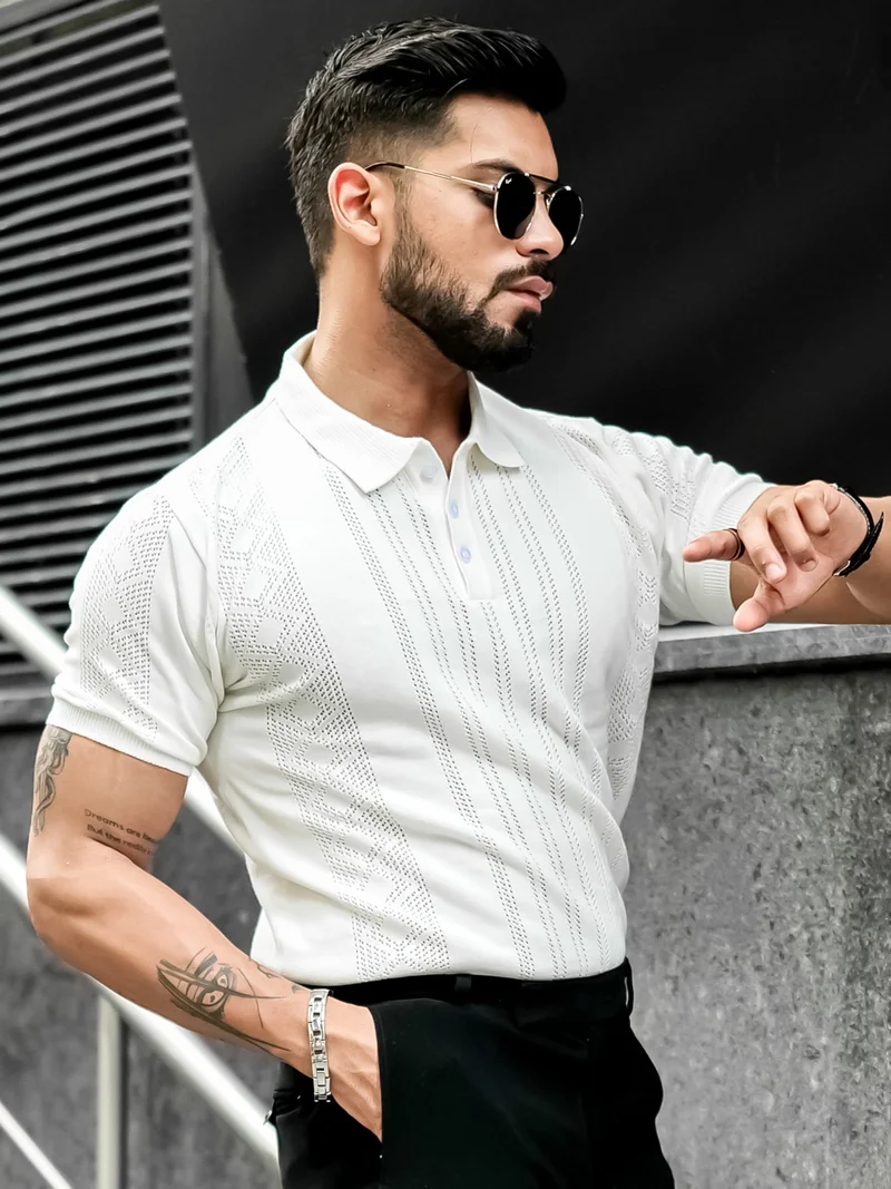 Maniac Maniac Mens Solid Textured Polo Neck Half Sleeve White Cotton T-Shirt